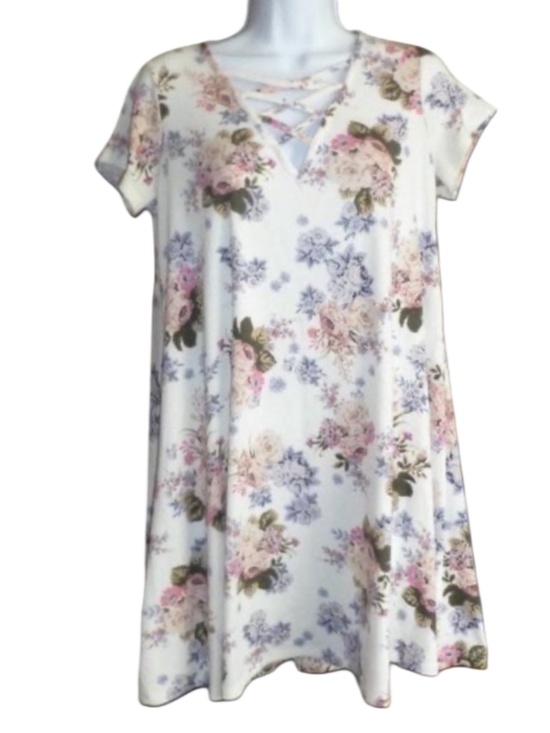 love, Fire Dresses & Skirts - Love Fire, Short, A-Line Dress Strappy V-Neck, White Pink Purple Flower Summer M